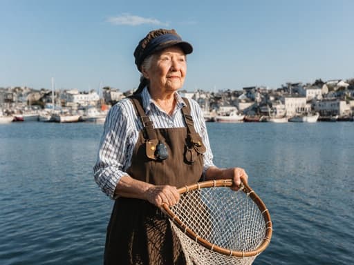 60대 혼혈 여성이 전통 어업 복장을 착용하고 물고기 잡이를 위한 그물을 들고 당황한 표정을 지으며 서 있는 모습, 고요한 바닷가와 맑은 하늘이 배경으로 펼쳐진 장면입니다.