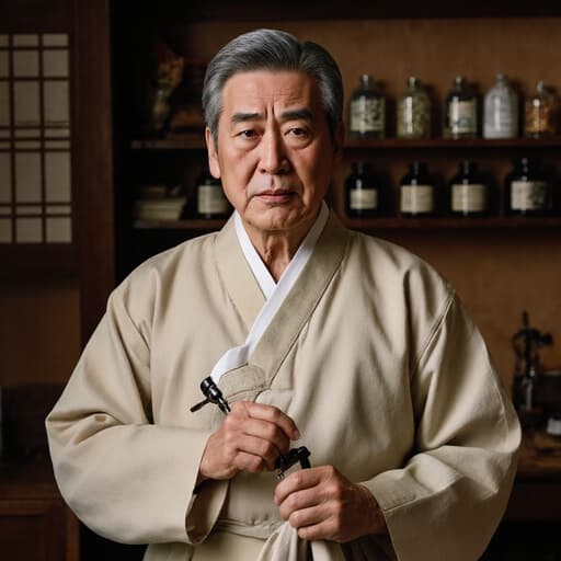 60대 유럽계 남성이 전통 한복을 입고 아늑한 전통 한의원에서 진단을 준비하며 걱정스러운 표정을 짓고 있다.