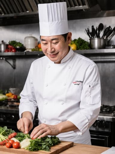 50대 한국인 남성이 흰색 조리복과 요리사 모자를 쓰고, 자연스러운 미소를 지으며 깔끔하게 정리된 주방에서 신선한 재료를 신중하게 선택하는 모습의 반신 사진.