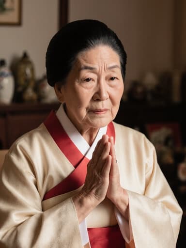 80대 한국인 여성의 반신 샷으로, 전통 한복을 입고 있으며 걱정스러운 표정을 짓고 손을 모아 인사하는 자세를 취하고 있는 모습이 아늑한 거실의 전통 소품으로 가득한 배경과 함께 따뜻하고 초대하는 분위기를 연출하고 있습니다.