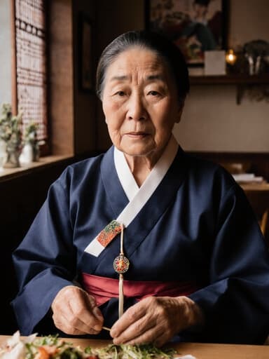 70대 혼혈 여성은 노리개가 달린 전통 한복을 입고 아늑한 카페에 앉아 있습니다. 전통적인 장식으로 가득한 카페에서 그녀는 전통 음식을 만들기 위한 재료를 들고 피곤한 표정을 지으며 문화유산과 따뜻함의 본질을 담고 있습니다.
