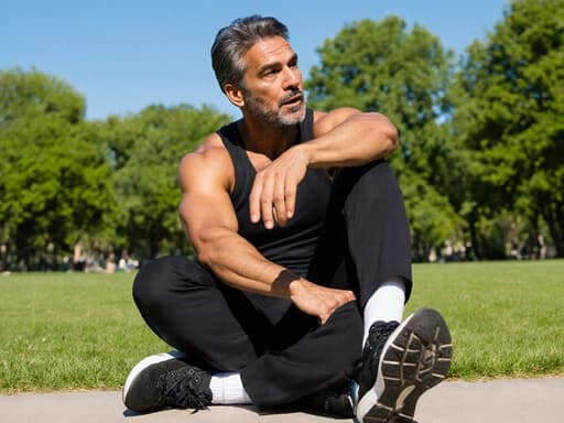 40대 라틴계 남성이 자연스러운 외모로 편안한 운동복과 스니커즈를 착용하고 있는 반신 사진입니다. 그는 공원에서 다리를 꼬고 앉아 놀란 표정을 지으며 발을 움직이며 춤을 추고 있습니다. 배경은 맑은 파란 하늘 아래 활기찬 분위기를 자아내는 푸른 나무와 잔디로 이루어져 있습니다.