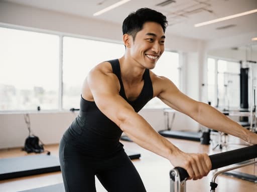 밝은 필라테스 스튜디오에서 30대의 자신감 넘치는 동양인 남성이 필라테스 복장을 입고 환하게 미소 짓고 있습니다. 그는 유연성을 강조하는 스트레칭 자세를 취하고 있으며, 운동 매트와 장비들이 잘 정리되어 있어 활기찬 피트니스 분위기를 자아냅니다.