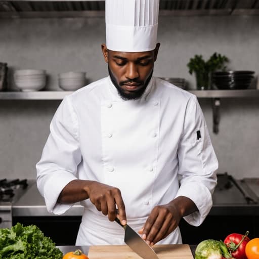 30대 아프리카계 남성 요리사가 하얀색 유니폼과 모자를 착용하고 잘 정리된 주방에서 반신 촬영된 모습입니다. 그는 요리 도구를 능숙하게 조작하며 무관심한 표정을 짓고 있으며, 조리대 위에 신선한 재료가 놓여 있어 전문적이면서도 편안한 분위기를 연출하고 있습니다.