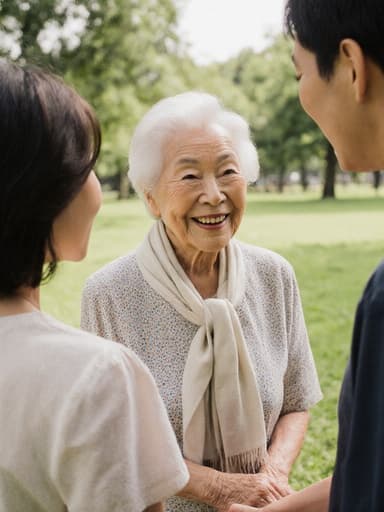 편안한 여름용 원피스와 가벼운 스카프를 착용한 80대 아시아계 여성이 푸른 잔디와 나무들로 가득한 공원에서 가족과 함께 서서 행복한 미소를 지으며 서로의 이야기를 나누고 있는 모습의 전신 사진입니다.