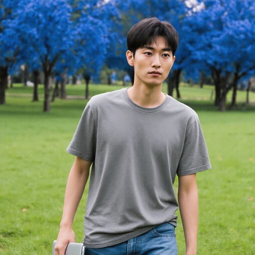 자연스러운 외모를 가진 10대 후반의 아시아계 남성이 노트북을 들고 공원을 걷고 있는 반신 샷입니다. 그는 편안한 티셔츠와 청바지를 입고 있으며, 피곤한 표정 속에 약간의 고민이 담긴 눈빛을 가지고 있습니다. 배경은 푸른 나무와 잔디로 이루어져 있어 그의 사색적인 분위기를 잘 드러내는 평화로운 환경을 만들어냅니다.