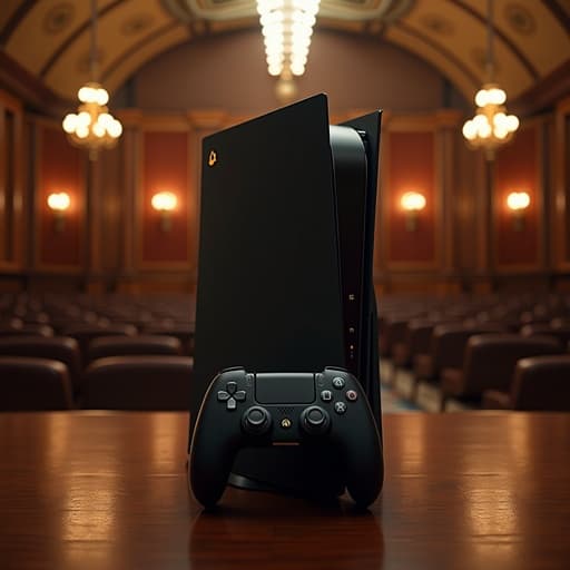 중앙에 게임 콘솔, 슬림한 디자인, 광택 마감, 미세한 반사, 클래식 오케스트라 홀 배경, 우드 장식 및 우아한 장식, 따뜻하고 아늑한 분위기.