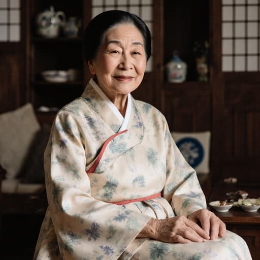 70대의 자연스러운 외모를 가진 백인 여성이 전통 한복을 입고 따뜻한 미소를 지으며 편안한 자세로 앉아 있는 반신 샷입니다. 그녀는 다리를 뻗고 무릎 위에 손을 올리고 있으며, 전통 소품으로 꾸며진 아늑한 거실에서 문화적인 분위기를 잘 전달하고 있습니다.