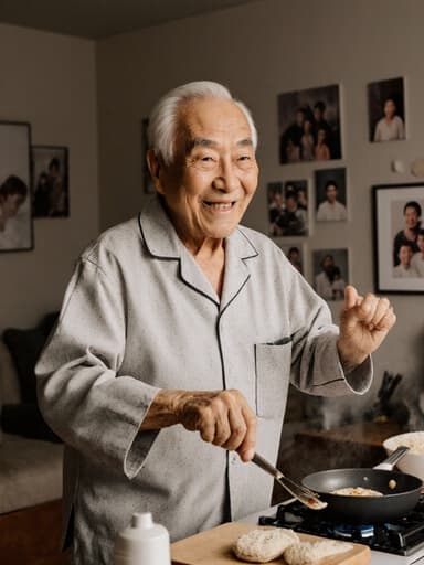 80대의 동양인 남성이 편안한 파자마와 슬리퍼를 입고 따뜻한 미소를 지으며 가족과 함께 요리를 하며 춤추고 있는 모습의 반신 사진. 아늑한 거실에는 가족 사진과 요리 도구가 배치되어 있어 즐거움과 화합의 분위기를 자아냅니다.