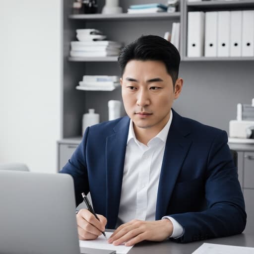 세련된 30대 아시아계 남성이 현대적인 의사 사무실에 앉아 있으며, 깔끔한 화이트 셔츠와 네이비 블루 정장 재킷을 입고 있습니다. 그는 앞에 있는 노트북을 집중하며 손으로 메모를 하려는 자세를 취하고 있으며, 깔끔하고 정돈된 공간이 전문성을 강조합니다.