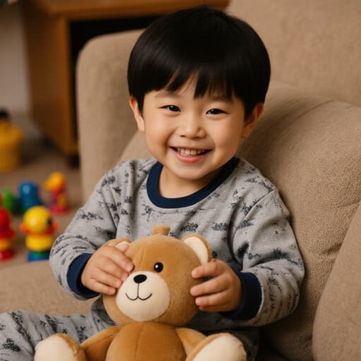 이 이미지는 편안한 파자마를 입고 소파에 앉아 즐거운 미소를 지으며 인형을 안고 있는 귀여운 3세 아시아계 남성 아이를 보여줍니다. 배경은 장난감이 흩어져 있는 아늑한 거실로, 아이의 행복을 강조하는 장난기 가득한 분위기를 만들어냅니다.