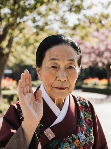 70대 동양인 여성이 전통 한복을 입고 있는 반신 촬영. 화려한 색감과 섬세한 자수가 돋보이는 한복을 착용하고 있으며, 깊은 생각에 잠긴 외로운 표정을 짓고 있다. 손을 살짝 들어 인사하는 자세로 고개를 약간 숙인 모습이 부드러운 햇살이 비치는 공원 배경과 함께 평화로운 분위기를 자아내고 있다.