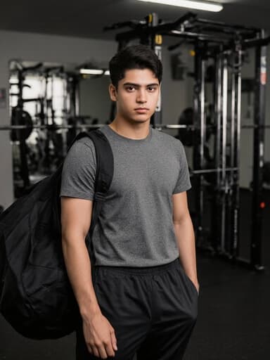 스포츠 티셔츠와 트레이닝 팬츠를 입고 한 쪽 어깨에 운동 가방을 메고 약간 무관심한 표정을 짓고 있는 10대 후반의 라틴계 남성의 반신 샷. 다양한 운동 기구들이 있는 운동 시설의 내부를 배경으로 하여 스포티하고 에너제틱한 분위기를 연출합니다.