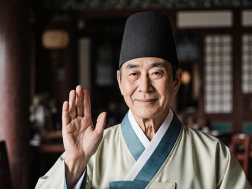 70대 한국인 남성이 자연스럽고 온화한 외모로 반신 촬영된 이미지입니다. 그는 고운 색상의 조합으로 세련되게 꾸며진 전통 한복을 착용하고 있으며, 평온한 표정과 따뜻한 미소를 지으며 친근하게 손을 가볍게 들어 인사하는 자세를 취하고 있습니다. 배경은 전통적인 한국 건축 양식이 있는 카페의 내부로 아늑하고 편안한 분위기를 자아냅니다. 전체 이미지는 평화롭고 문화적인 따뜻함을 담아내며, 고유의 전통 의상의 아름다움을 강조하고 있습니다.
