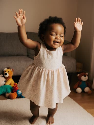 1세의 흑인 여성 아기가 파스텔 색상의 드레스를 입고 졸린 표정을 지으며 점프하는 자세로 손을 들고 있는 전신 사진으로, 아늑한 거실에는 색색의 동물 인형들이 놓여 있어 따뜻하고 유쾌한 분위기를 자아냅니다.