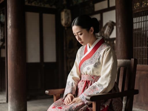 20대 한국인 여성의 반신 촬영으로, 자연스러운 외모를 가진 전통 한복을 입고 있습니다. 그녀는 걱정스러운 표정을 하며 깊은 생각에 잠긴 모습으로 의자에 앉아 손을 무릎 위에 올리고 고개를 약간 숙이고 있습니다. 배경은 나무 기둥과 고풍스러운 장식이 있는 전통 한옥 내부로, 문화적 주제를 잘 드러내고 있습니다. 전체적인 분위기는 깊은 생각과 전통을 느끼게 합니다.