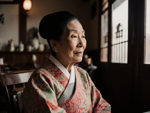 전통적인 한복을 입고 무관심한 표정을 짓고 있는 80대 아시아계 여성의 반신 사진. 그녀는 전통적인 분위기의 카페 한쪽 구석에 앉아 주변을 바라보며 기다리고 있습니다. 부드러운 조명과 문화적인 장식이 어우러진 따뜻한 분위기 속에 있습니다.