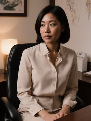 30대 아프리카계 여성이 전통 한의학 상담실의 아늑한 상담 테이블에 앉아 있는 반신 사진입니다. 차분한 색상의 블라우스와 슬랙스를 착용하고 있으며 무관심한 표정을 짓고 있습니다. 부드럽고 따뜻한 조명이 공간의 고요한 분위기를 강조하며, 배경에는 약초와 전통 장식이 섬세하게 배치되어 있어 초대하지만 전문적인 환경을 만들어냅니다.