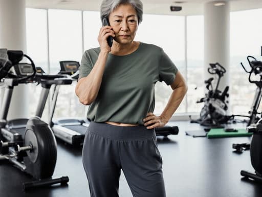 자연스러운 외모를 가진 50대 아시아계 여성의 반신 사진으로, 운동복과 편안한 스니커즈를 착용하고 있으며, 한 손으로 전화를 들고 다른 손은 허리에 얹고 있습니다. 지루한 표정을 지으며 약간 아래를 바라보고 있으며, 운동 기구들이 배치된 운동 센터 내부에서 촬영된 이미지로, 편안하면서도 활동적인 분위기를 자아냅니다.