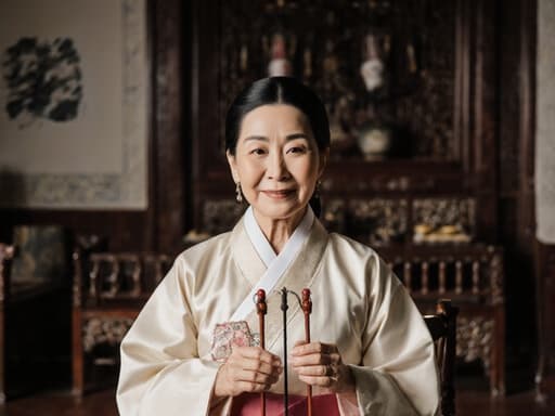 70대 한국인 여성의 반신 사진으로, 그녀의 자연스러운 아름다움이 드러나는 전통 한복을 입고 평온한 미소를 짓고 있습니다. 전통놀이 도구를 손에 들고 기다리는 모습입니다. 배경은 아름답게 꾸며진 전통 한국식 거실로, 정교한 나무 가구와 문화 유물이 가득해 한국 전통의 매력을 잘 드러내는 따뜻한 분위기를 자아냅니다.