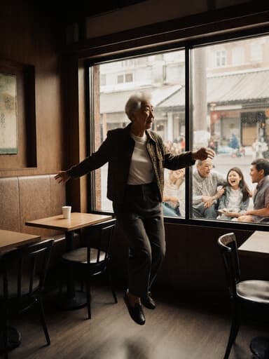 따뜻한 카페에서 편안한 캐주얼 의상을 입고 점프하는 70대 동양인 여성의 전신 사진. 그녀의 표정은 주변을 바라보며 외로움을 느끼고 있으며, 창밖에는 함께 웃고 있는 가족들이 보여져 따뜻한 분위기와 대비를 이룹니다.