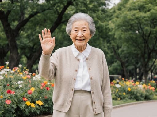 푸른 나무와 꽃들로 가득한 그림 같은 공원에서 자연스러운 외모를 가진 80세 한국인 여성의 반신을 촬영한 사진. 그녀는 따뜻한 미소를 지으며 인사하는 자세로 편안한 카디건과 면 바지를 입고 있습니다.