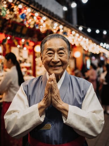 이 이미지는 전통 한복을 입은 따뜻한 마음의 70대 백인 남성이 축제 테마의 가게 밖에 서 있는 모습을 담고 있습니다. 그의 친근한 미소와 손을 모은 자세는 전통 음식을 기다리는 마음을 표현하며, 주변의 화려한 장식이 축제 분위기를 더욱 돋보이게 합니다.