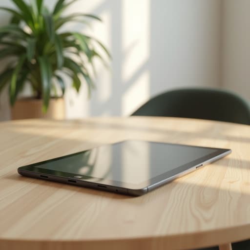 세련된 태블릿이 부드러운 자연광과 함께 미니멀한 스칸디나비아 스타일의 나무 테이블 위에 놓여 있으며, 밝은 나무 텍스처, 부드러운 그림자, 아늑한 식물이 배경에 있습니다. 아늑하고 미니멀하며 초대하는 느낌입니다.