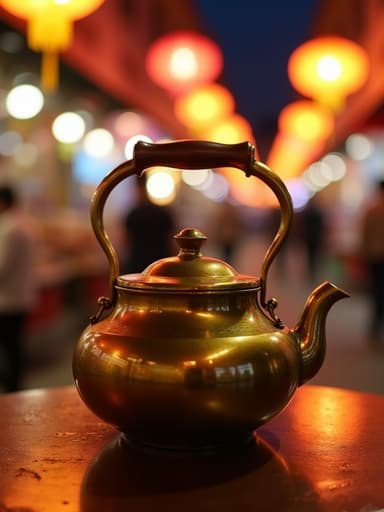 야시장에서 등불이 걸린 주전자의 생생한 분위기.