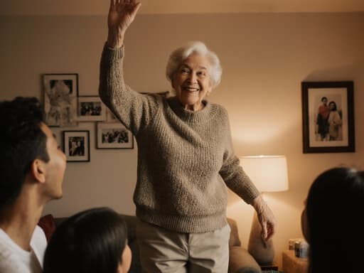 이 이미지는 아늑한 거실에서 80세 혼혈 여성이 가족과 즐겁게 소통하며 손을 높이 들어 점프하는 모습으로, 편안한 니트 스웨터와 면 바지를 입고 있습니다. 따뜻한 조명과 가족 사진이 배경을 더욱 사랑스럽고 함께하는 느낌으로 만듭니다.