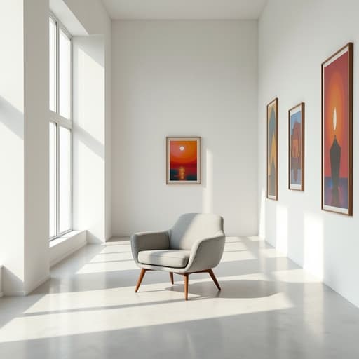 현대적인 아트 갤러리에 위치한 현대적인 인테리어 의자, 흰 벽과 다채로운 추상 예술작품, 밝고 예술적인 분위기.