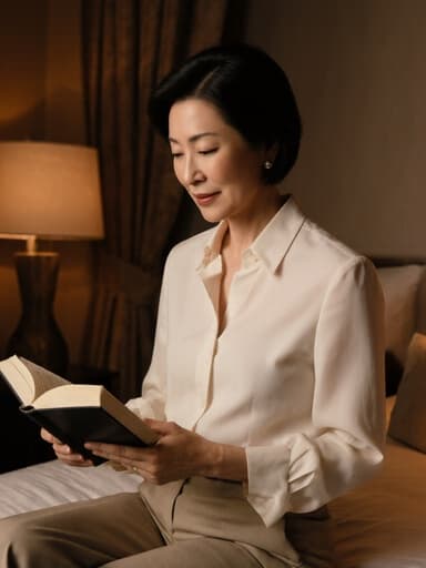 50대의 우아한 동양인 여성이 편안한 블라우스와 슬랙스를 입고 아늑하고 고급스러운 침실에서 책을 읽고 있는 모습이 반신 샷으로 촬영되었습니다. 따뜻한 조명이 고요한 분위기를 만들어내며, 그녀의 우아한 표정과 세련된 환경을 강조합니다.