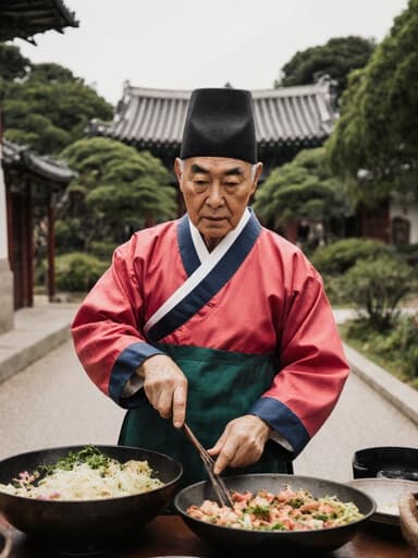 이미지는 70대 한국 남성이 전통 한복을 입고 반신 촬영된 모습입니다. 그는 전통 한국 음식을 만들기 위해 재료를 준비하면서 무관심한 표정을 짓고 있으며, 평화로운 공원 배경에 아름다운 전통 정원이 함께 어우러져 있습니다.