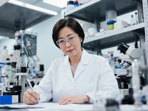 50대의 매력적이고 자신감 있는 한국인 여성이 실험복과 안경을 착용하고 노트에 열심히 필기를 하며 현대적인 분석실의 과학 장비에 둘러싸여 있는 반신 촬영, 전문성과 헌신을 표현합니다.