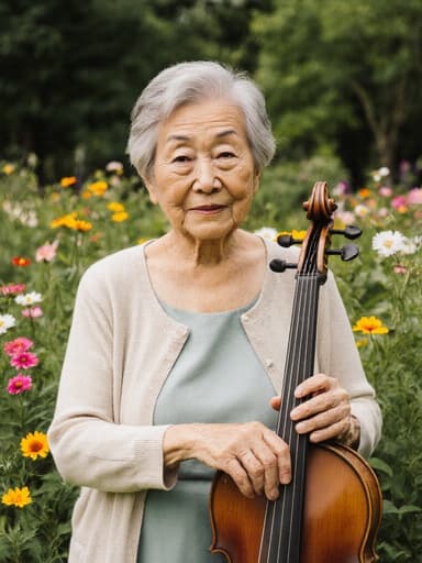 편안한 드레스와 가벼운 카디건을 입은 80대 아시아계 여성의 반신 샷으로, 악기를 들고 편안한 표정을 지으며, 푸르른 나무와 꽃들로 가득한 공원에서 연주를 준비하는 모습이 차분함과 준비된 느낌을 전달합니다.