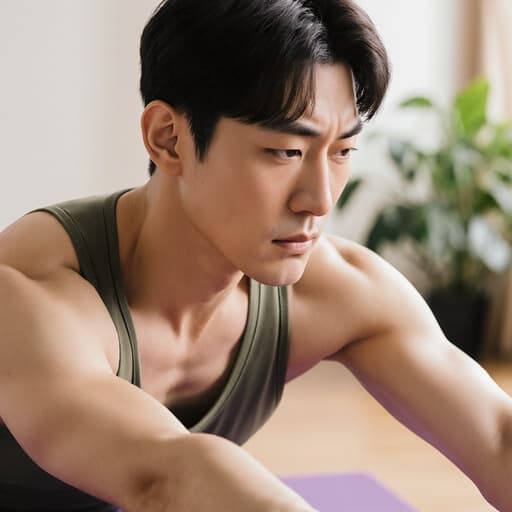 30대 한국인 남성이 편안한 요가복을 입고, 요가 매트 위에서 춤추는 자세를 취하며 찡그린 표정으로 집중하고 있는 반신 사진입니다. 배경은 아늑한 요가 공간으로 부드러운 조명과 생기 있는 식물들이 어우러져 있어, 요가 수련의 마음챙김의 본질을 강조하는 평온한 분위기를 만들어냅니다.