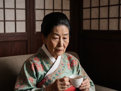 80대 한국인 여성의 반신 촬영으로, 화려한 자수가 있는 전통 한복을 입고 소파에 앉아 찻잔을 들고 있습니다. 피곤한 표정과 깊은 주름은 지혜와 경험을 드러냅니다. 한지로 장식된 아늑한 카페 배경이 장면의 따뜻한 분위기를 더욱 강조합니다.