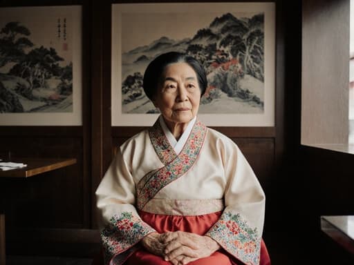 전통 한복을 입은 70대 동양인 여성이 전통적인 카페에 앉아 있는 반신 사진입니다. 그녀는 무관심한 표정을 짓고 있으며, 손은 무릎 위에 올려놓고 있습니다. 한국 전통 그림이 배경을 이루며, 차분하고 문화적인 분위기를 자아냅니다.