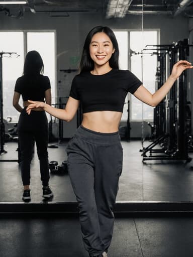 20대 동양인 여성이 운동복을 입고 훈련장에 있는 다양한 운동 장비와 거울 앞에서 우아하게 춤을 추는 모습이 전체 몸을 담은 샷으로 포착되었습니다. 자연스러운 미소가 즐거움과 재미를 반영하여 초대하고 동적인 분위기를 만들어냅니다.