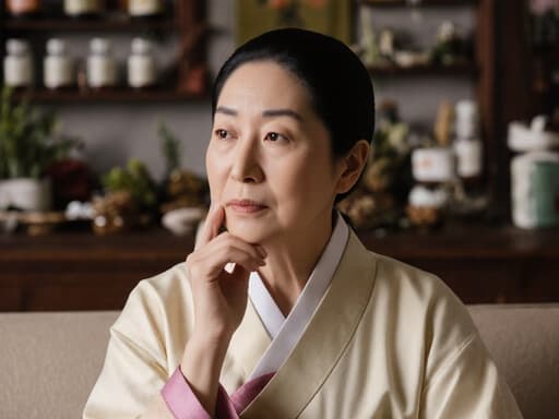 50대 한국인 여성이 자연스러운 외모로 전통 한복을 입고 소파에 앉아 깊은 생각에 잠긴 모습을 담은 반신 사진. 배경은 한약재와 치료 도구로 가득한 전통 한의학 진료실이며, 전체적인 분위기는 차분하고 사색적입니다.