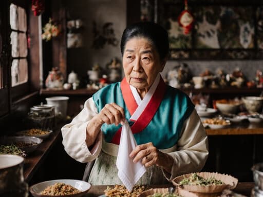 이 이미지는 전통 한복을 입고 손수건을 들고 무관심한 표정으로 주변을 바라보는 80대 아시아계 여성을 담고 있습니다. 그녀는 아기자기한 소품과 전통 음식 진열이 가득한 아늑한 전통 카페에서 전통 음식 재료를 준비하며 손가락으로 재료를 가리키고 있습니다.