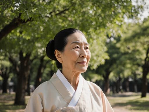 80대 혼혈 여성의 반신 사진으로, 전통 한복을 입고 만족스러운 표정을 짓고 있으며, 푸르고 울창한 나무들 사이에서 천천히 걸어가는 모습으로 평화롭고 고요한 분위기를 담고 있습니다.