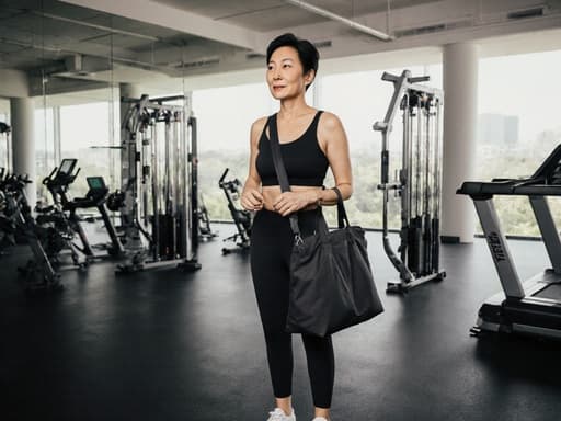 50대 아시아계 여성의 반신 사진으로, 편안한 운동복과 운동화를 착용하고 있으며, 어깨에 편안한 스타일의 가방을 메고 있습니다. 그녀는 차분한 표정으로 긍정적인 에너지를 발산하며 운동을 준비하고 있습니다. 다양한 운동 기구와 밝은 조명이 있는 현대적인 운동실에서 건강한 라이프스타일을 수용할 준비가 되어 있습니다.
