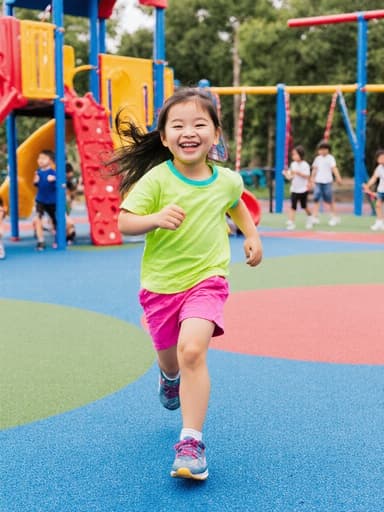7세 아시아계 여아의 전체 샷으로, 귀여운 외모를 가진 그녀는 화사한 색상의 티셔츠와 반바지를 입고, 안전한 놀이터에서 친구들을 찾으며 웃으며 달리고 있다. 다채로운 놀이 기구와 푸르름이 어우러진 배경 속에서 행복과 즐거움을 발산하고 있다.