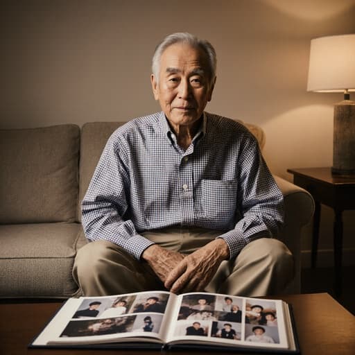 편안한 홈웨어를 입은 70대 아시아계 남성이 소파에 다리를 교차하고 앉아 커피 테이블 위의 가족 사진 앨범을 바라보는 반신 사진. 그의 무관심한 표정은 사색의 순간을 담고 있으며, 아늑하고 따뜻한 거실의 분위기 속에 있다.