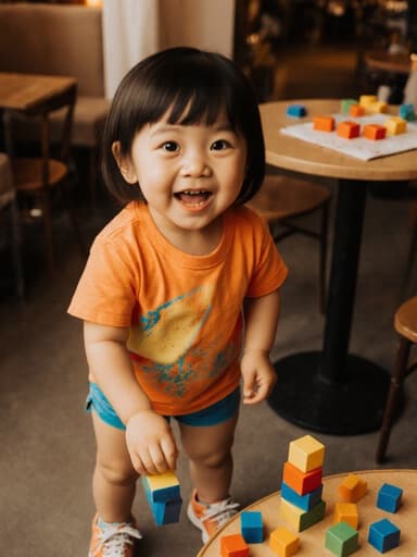 아늑한 카페에서 화사한 의상을 입고 있는 즐거운 3세 동양인 여성의 전신 사진, 따뜻한 조명 아래에서 블록과 상호작용하며 놀고 있는 모습입니다.