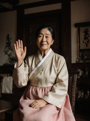 70대 백인 여성이 아름다운 전통 한복을 입고, 무관심한 표정을 지으며 가벼운 춤을 추고 있는 풀 바디 샷입니다. 아늑한 거실 배경은 전통 소품들로 가득 차 있으며, 장면의 문화적 본질을 더욱 부각시킵니다.