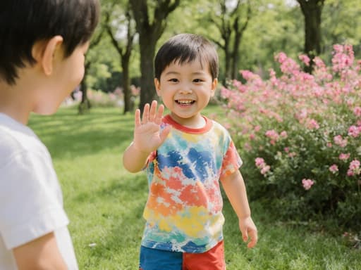귀여운 3세의 동양인 남성이 밝은 색상의 티셔츠와 반바지를 착용하고 활발한 표정으로 웃고 있는 반신 사진입니다. 그는 친구에게 인사하는 자세로 손을 흔들고 있습니다. 배경은 나무와 꽃들로 가득한 푸르른 공원으로, 장면의 기분 좋은 분위기를 돋보이게 합니다.