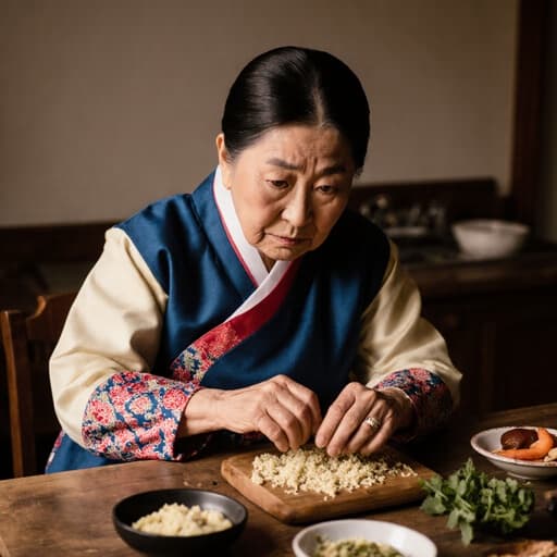 전통 한복을 입은 80대 혼혈 여성의 반신 사진으로, 아늑한 주방의 테이블에 놓인 재료를 바라보며 걱정스러운 표정을 짓고 있습니다. 따뜻한 분위기와 그녀의 의상에 있는 섬세한 디테일이 문화적으로 풍부한 장면을 만들어냅니다.