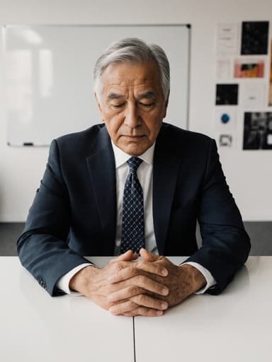 60대 혼혈 남성이 세련된 정장과 넥타이를 입고 회의 테이블에 손을 올리고 아래를 바라보며 깊은 생각에 잠긴 표정을 짓고 있는 반신 사진입니다. 배경은 화이트보드와 디자인 샘플이 있는 현대적인 사무실로, 전문적인 분위기를 자아냅니다.